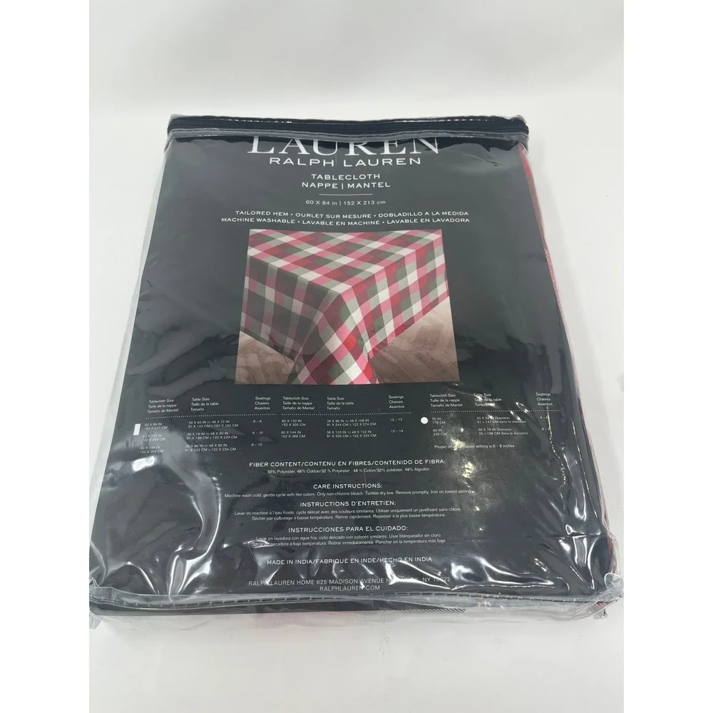 Ralph Lauren Tablecloth 60x84 & 4 Napkins Red Green White Buffalo Check Plaid